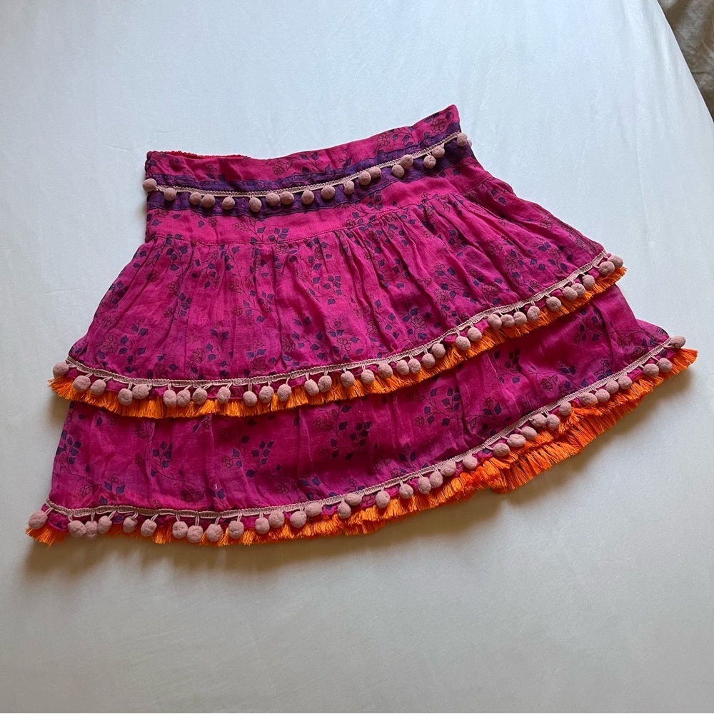 POUPETTE ST BARTH pink floral viscose cotton tiered pom fringe trim mini skirt